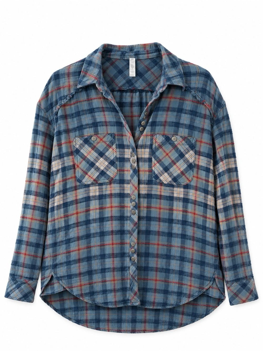 Free People Blue Plaid Raw Edge Oversized Flannel Shirt Size S